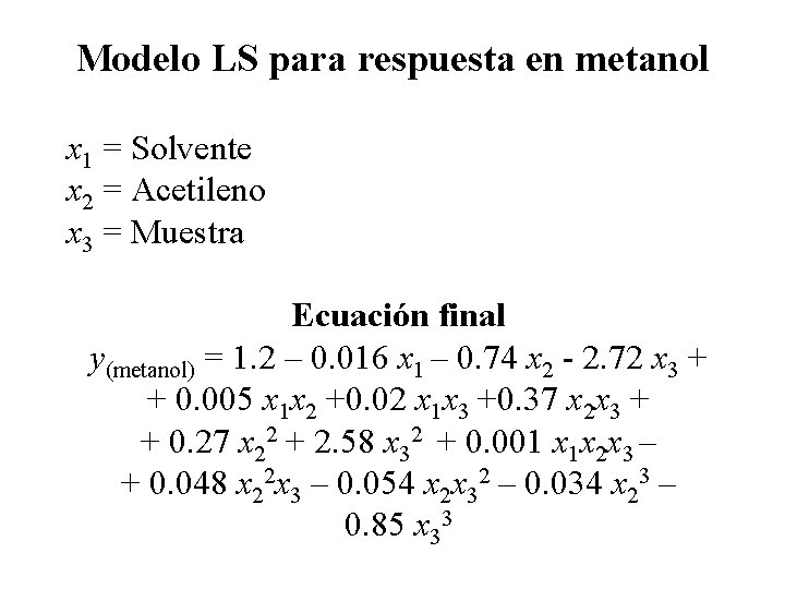 Modelo LS para respuesta en metanol x 1 = Solvente x 2 = Acetileno