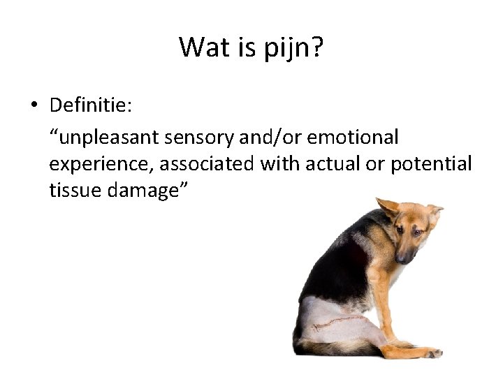 Wat is pijn? • Definitie: “unpleasant sensory and/or emotional experience, associated with actual or