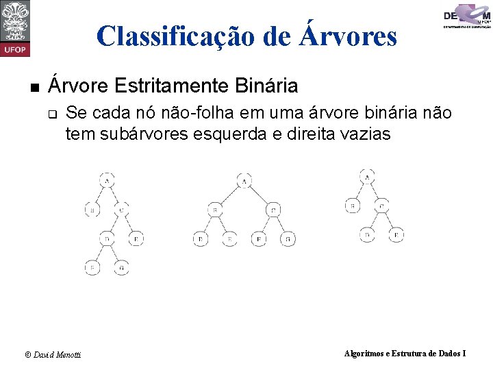 Classificação de Árvores n Árvore Estritamente Binária q Se cada nó não-folha em uma