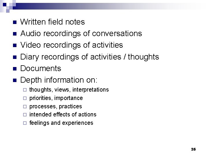 n n n Written field notes Audio recordings of conversations Video recordings of activities