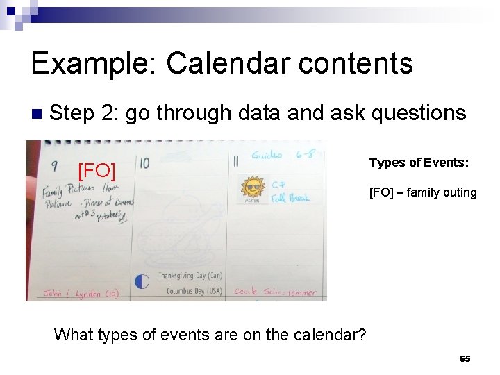 Example: Calendar contents n Step 2: go through data and ask questions [FO] Types