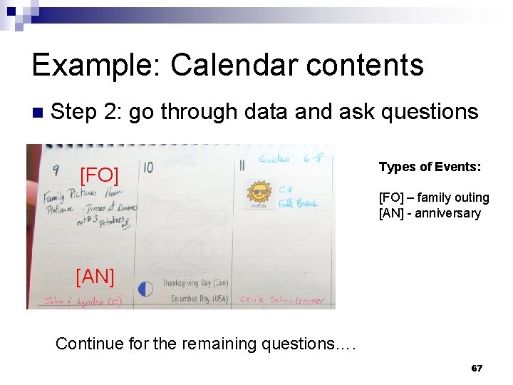 Example: Calendar contents n Step 2: go through data and ask questions [FO] Types