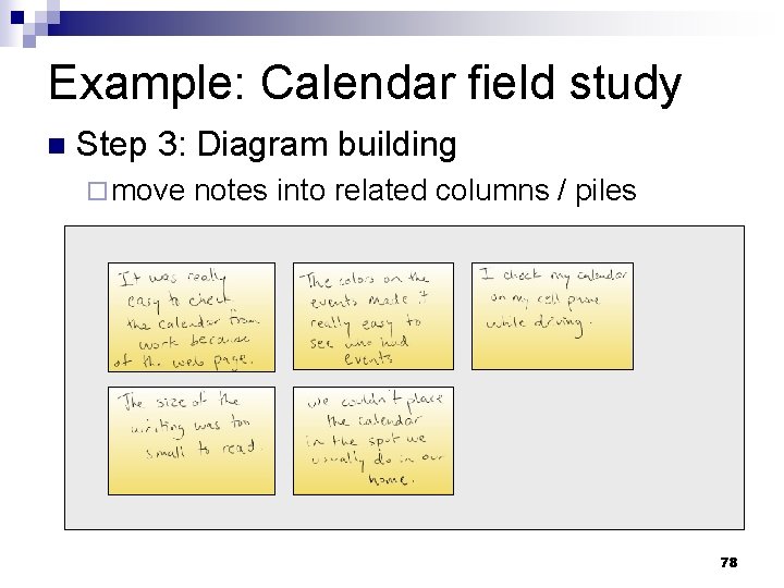 Example: Calendar field study n Step 3: Diagram building ¨ move notes into related