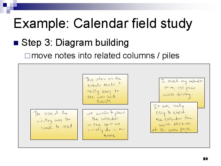 Example: Calendar field study n Step 3: Diagram building ¨ move notes into related