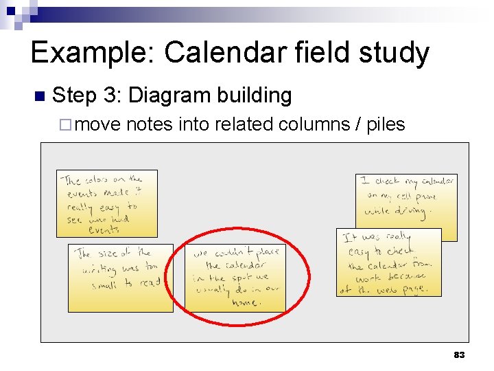 Example: Calendar field study n Step 3: Diagram building ¨ move notes into related
