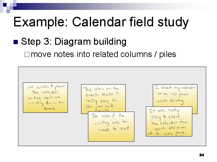 Example: Calendar field study n Step 3: Diagram building ¨ move notes into related
