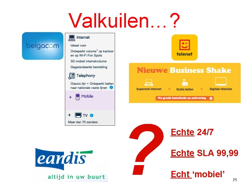 Valkuilen…? ? Echte 24/7 Echte SLA 99, 99 Echt ‘mobiel’ 75 