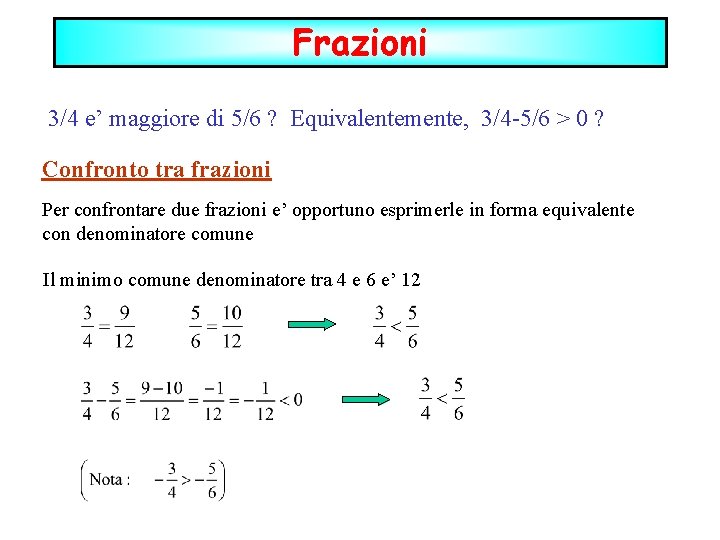 Frazioni 3/4 e’ maggiore di 5/6 ? Equivalentemente, 3/4 -5/6 > 0 ? Confronto