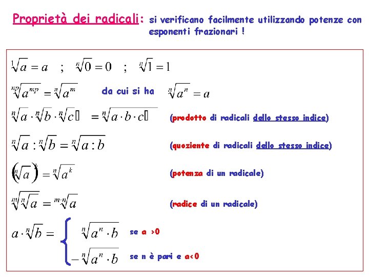 Proprietà dei radicali: si verificano facilmente utilizzando potenze con esponenti frazionari ! da cui