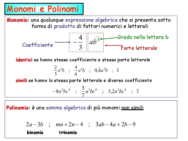 Monomi e Polinomi Monomio: una qualunque espressione algebrica che si presenta sotto forma di
