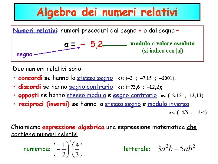 Algebra dei numeri relativi Numeri relativi: numeri preceduti dal segno + o dal segno