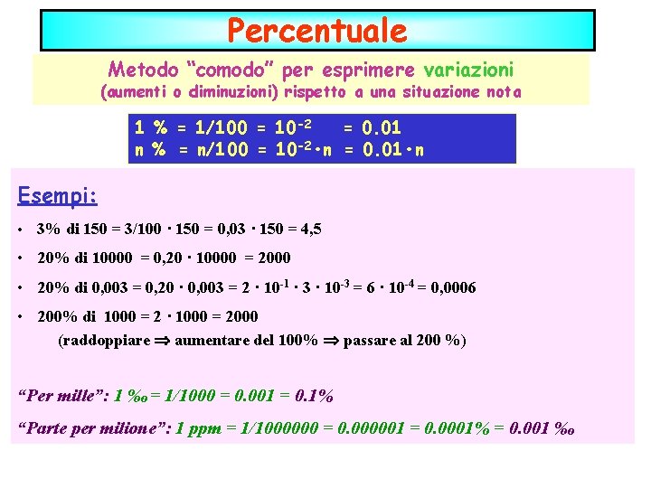 Percentuale Metodo “comodo” per esprimere variazioni (aumenti o diminuzioni) rispetto a una situazione nota