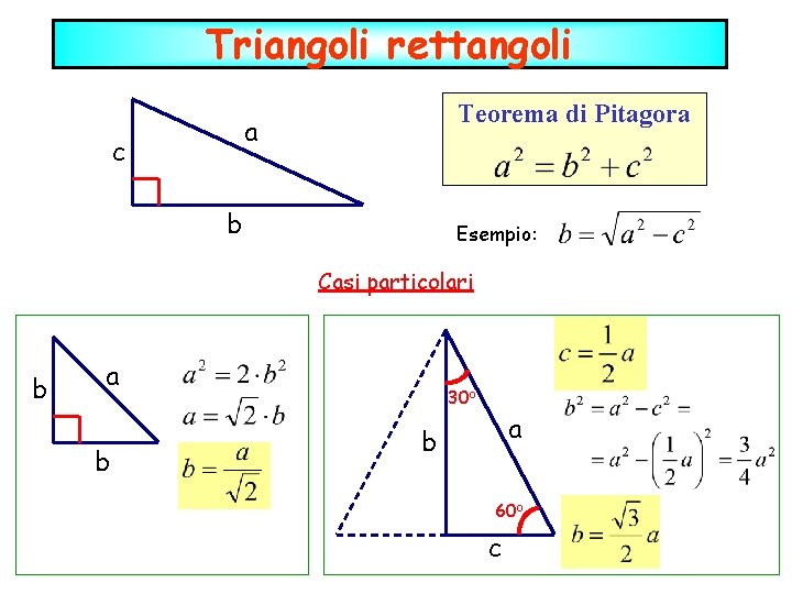 Triangoli rettangoli Teorema di Pitagora a c b Esempio: Casi particolari b a b