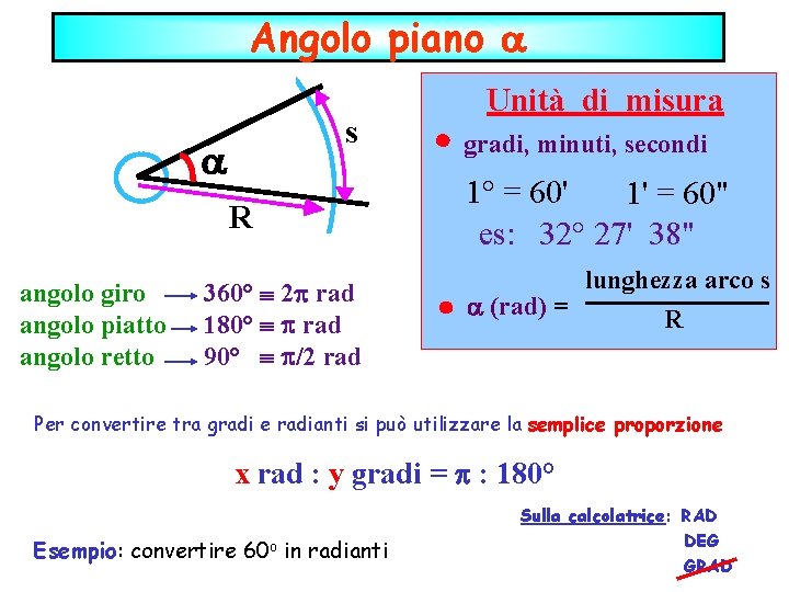 Angolo piano s R angolo giro angolo piatto angolo retto 360° 2 rad 180°