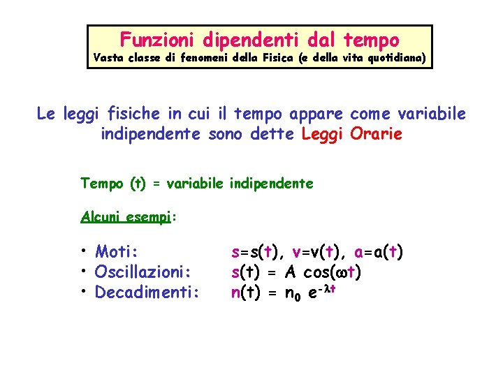 Funzioni dipendenti dal tempo Vasta classe di fenomeni della Fisica (e della vita quotidiana)