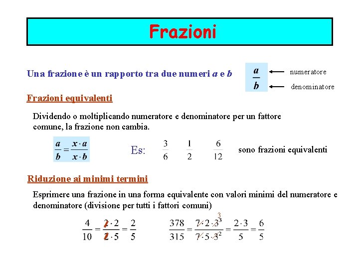 Frazioni numeratore Una frazione è un rapporto tra due numeri a e b denominatore