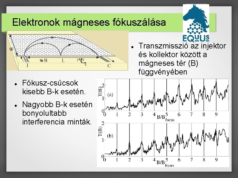 Elektronok mágneses fókuszálása Fókusz-csúcsok kisebb B-k esetén. Nagyobb B-k esetén bonyolultabb interferencia minták. Transzmisszió