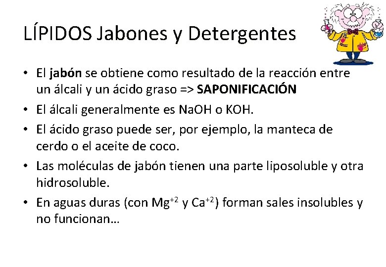 LÍPIDOS Jabones y Detergentes • El jabón se obtiene como resultado de la reacción