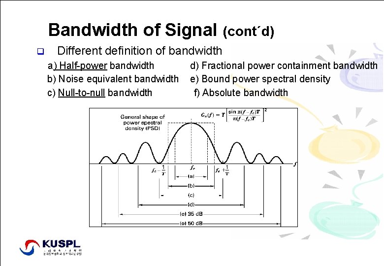 Bandwidth of Signal (cont´d) q Different definition of bandwidth a) Half-power bandwidth b) Noise