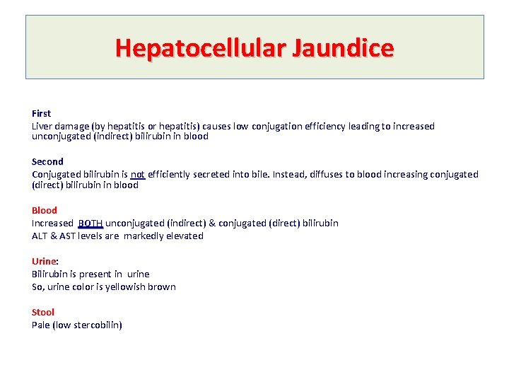 Hepatocellular Jaundice First Liver damage (by hepatitis or hepatitis) causes low conjugation efficiency leading