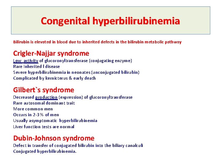 Congenital hyperbilirubinemia Bilirubin is elevated in blood due to inherited defects in the bilirubin