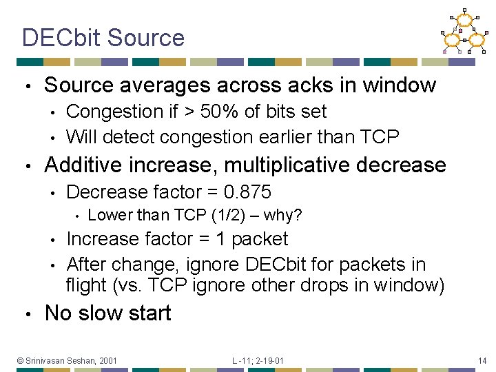 DECbit Source • Source averages across acks in window • • • Congestion if