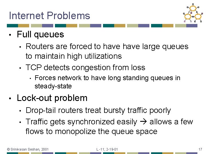 Internet Problems • Full queues • • Routers are forced to have large queues