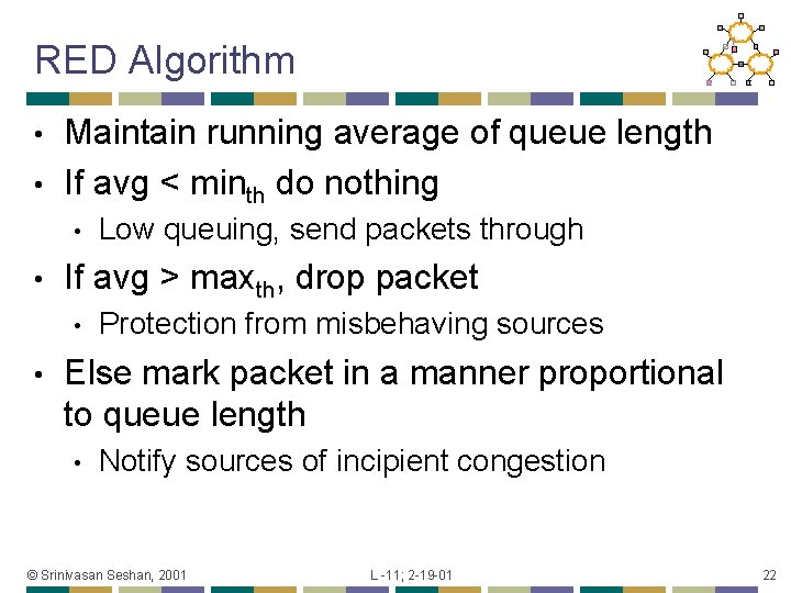 RED Algorithm Maintain running average of queue length • If avg < minth do