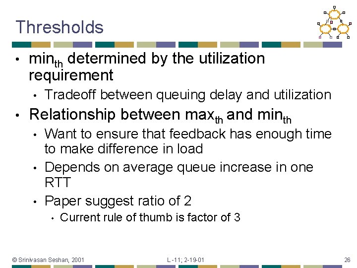 Thresholds • minth determined by the utilization requirement • • Tradeoff between queuing delay