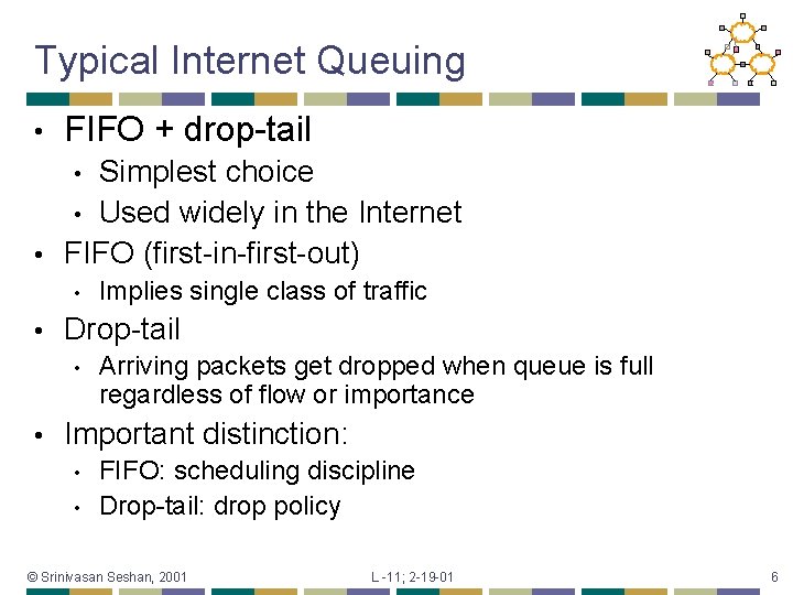 Typical Internet Queuing • FIFO + drop-tail Simplest choice • Used widely in the
