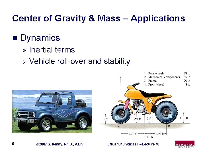 Center of Gravity & Mass – Applications n Dynamics Inertial terms Ø Vehicle roll-over