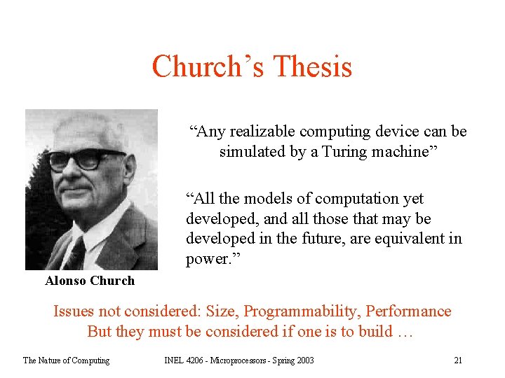 Church’s Thesis “Any realizable computing device can be simulated by a Turing machine” “All