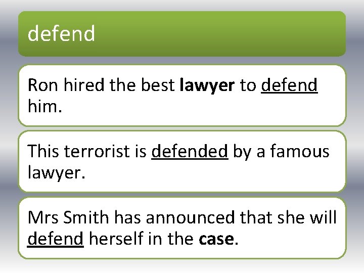 defend Ron hired the best lawyer to defend him. This terrorist is defended by