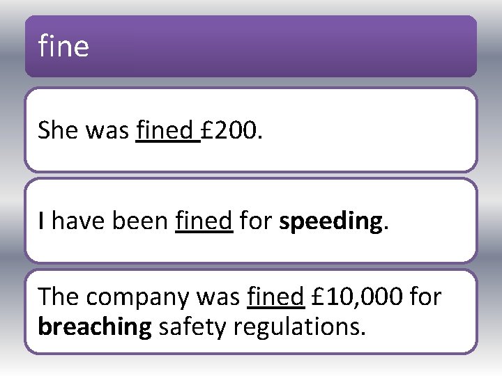 fine She was fined £ 200. I have been fined for speeding. The company