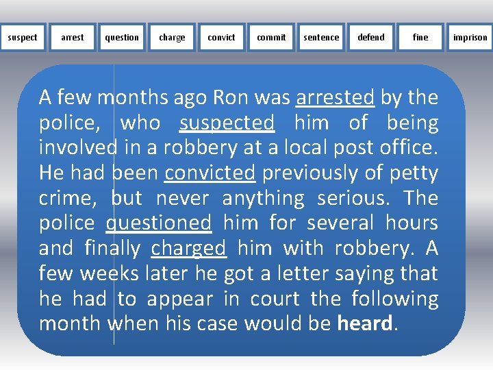 suspect arrest question charge convict commit sentence defend fine A few months ago Ron