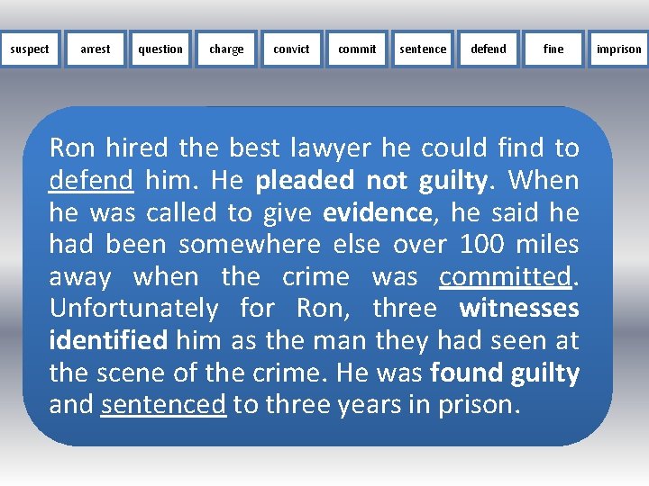 suspect arrest question charge convict commit sentence defend fine Ron hired the best lawyer