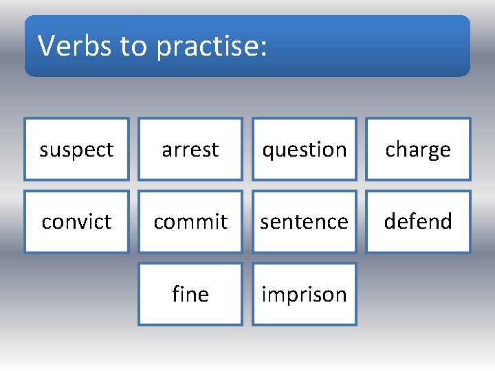 Verbs to practise: suspect arrest question charge convict commit sentence defend fine imprison 