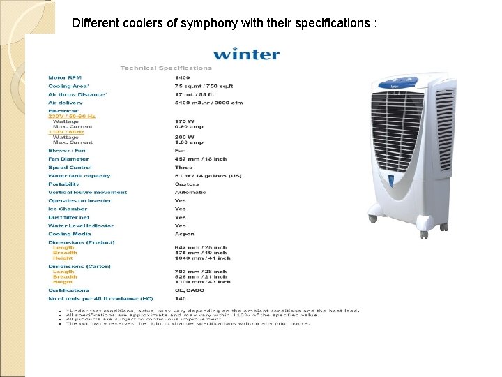 Different coolers of symphony with their specifications : 