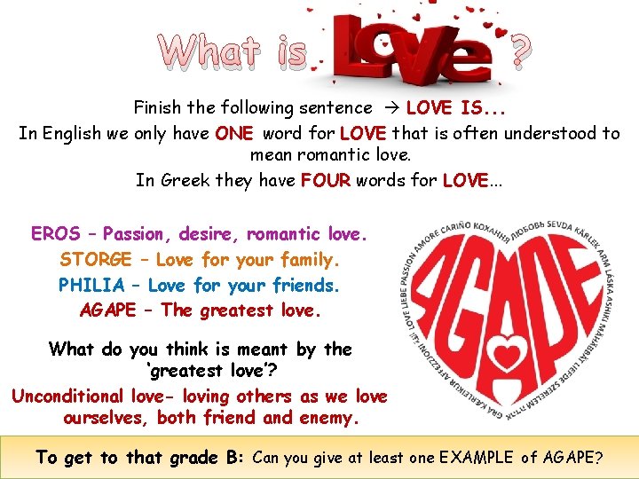 What is ? Finish the following sentence LOVE IS. . . In English we