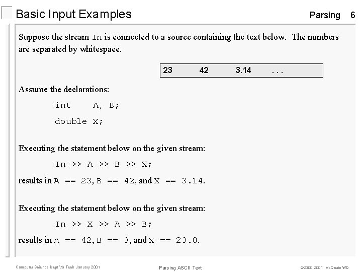 Basic Input Examples Parsing Suppose the stream In is connected to a source containing