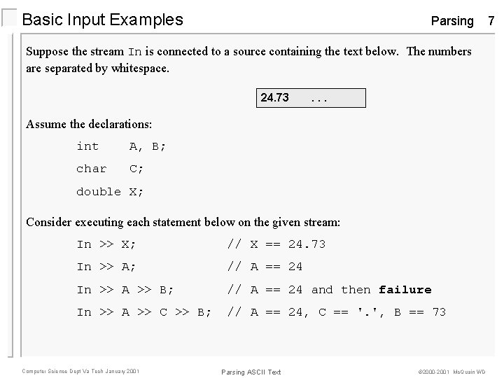 Basic Input Examples Parsing Suppose the stream In is connected to a source containing