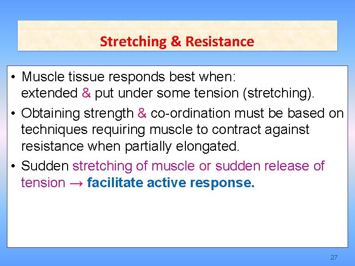 Stretching & Resistance • Muscle tissue responds best when: extended & put under some