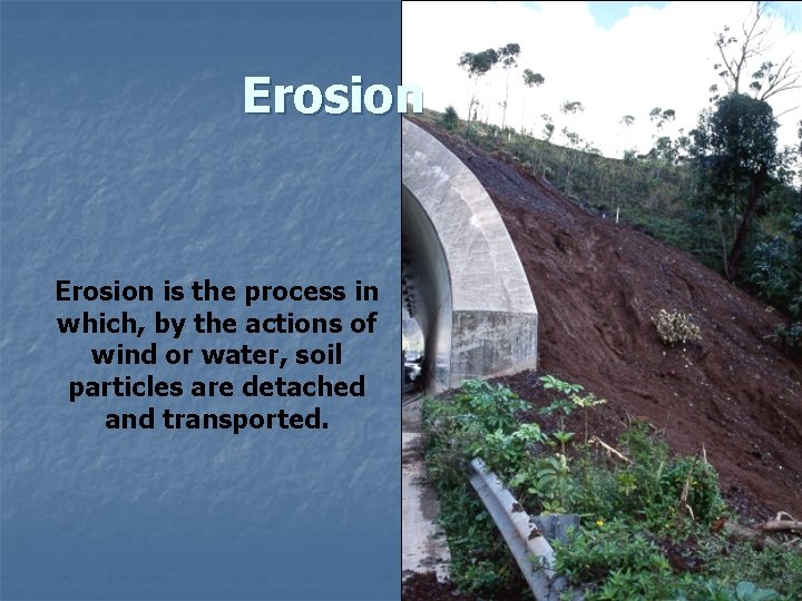 Erosion is the process in which, by the actions of wind or water, soil