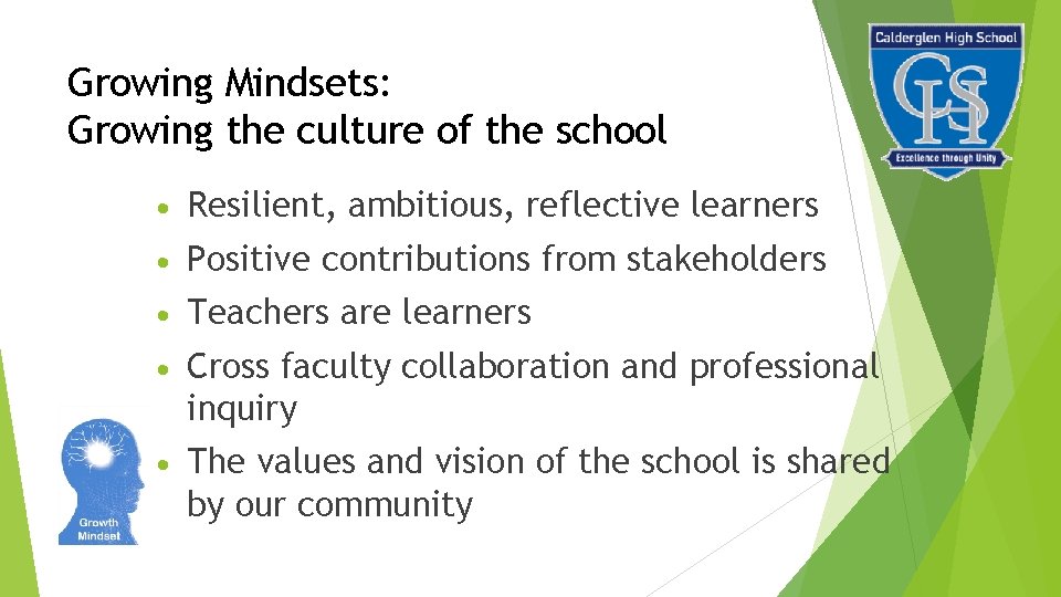 Growing Mindsets: Growing the culture of the school Resilient, ambitious, reflective learners Positive contributions