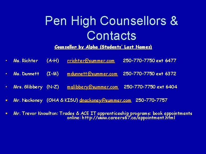 Pen High Counsellors & Contacts Counsellor by Alpha (Students’ Last Names) • Ms. Richter