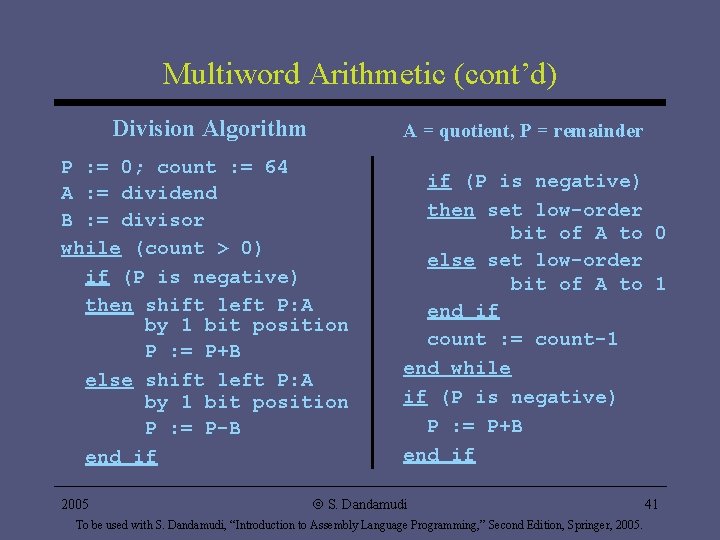 Multiword Arithmetic (cont’d) Division Algorithm A = quotient, P = remainder P : = Multiword Arithmetic (cont’d) Division Algorithm A = quotient, P = remainder P : =