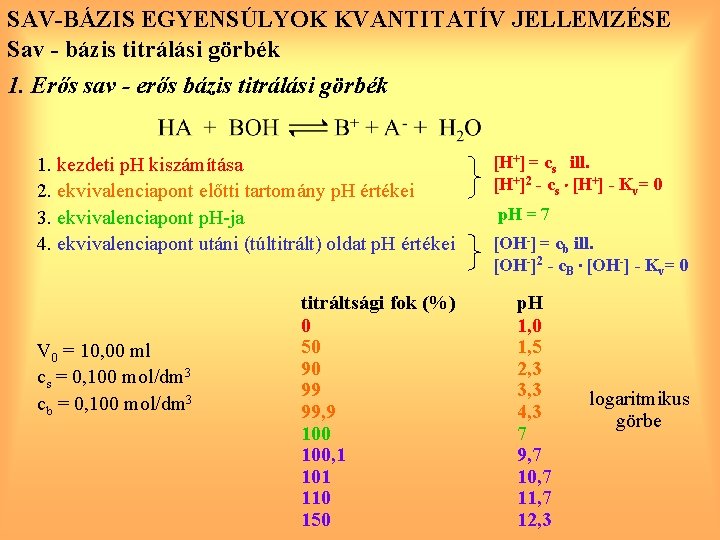 SAV-BÁZIS EGYENSÚLYOK KVANTITATÍV JELLEMZÉSE Sav - bázis titrálási görbék 1. Erős sav - erős