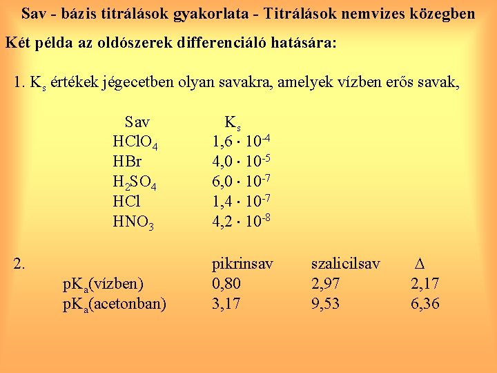 Sav - bázis titrálások gyakorlata - Titrálások nemvizes közegben Két példa az oldószerek differenciáló