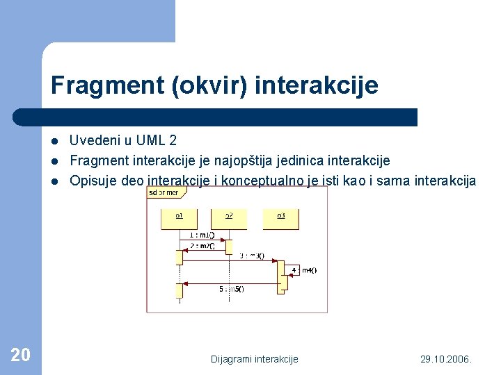 Fragment (okvir) interakcije l l l 20 Uvedeni u UML 2 Fragment interakcije je