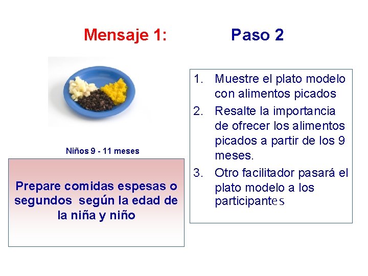 Mensaje 1: Niños 9 - 11 meses Prepare comidas espesas o segundos según la